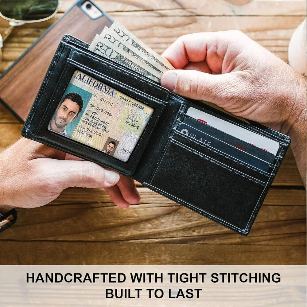 🆕Men Black Top Grain Leather Extra Capacity Bifold Strong Stitching Wallet